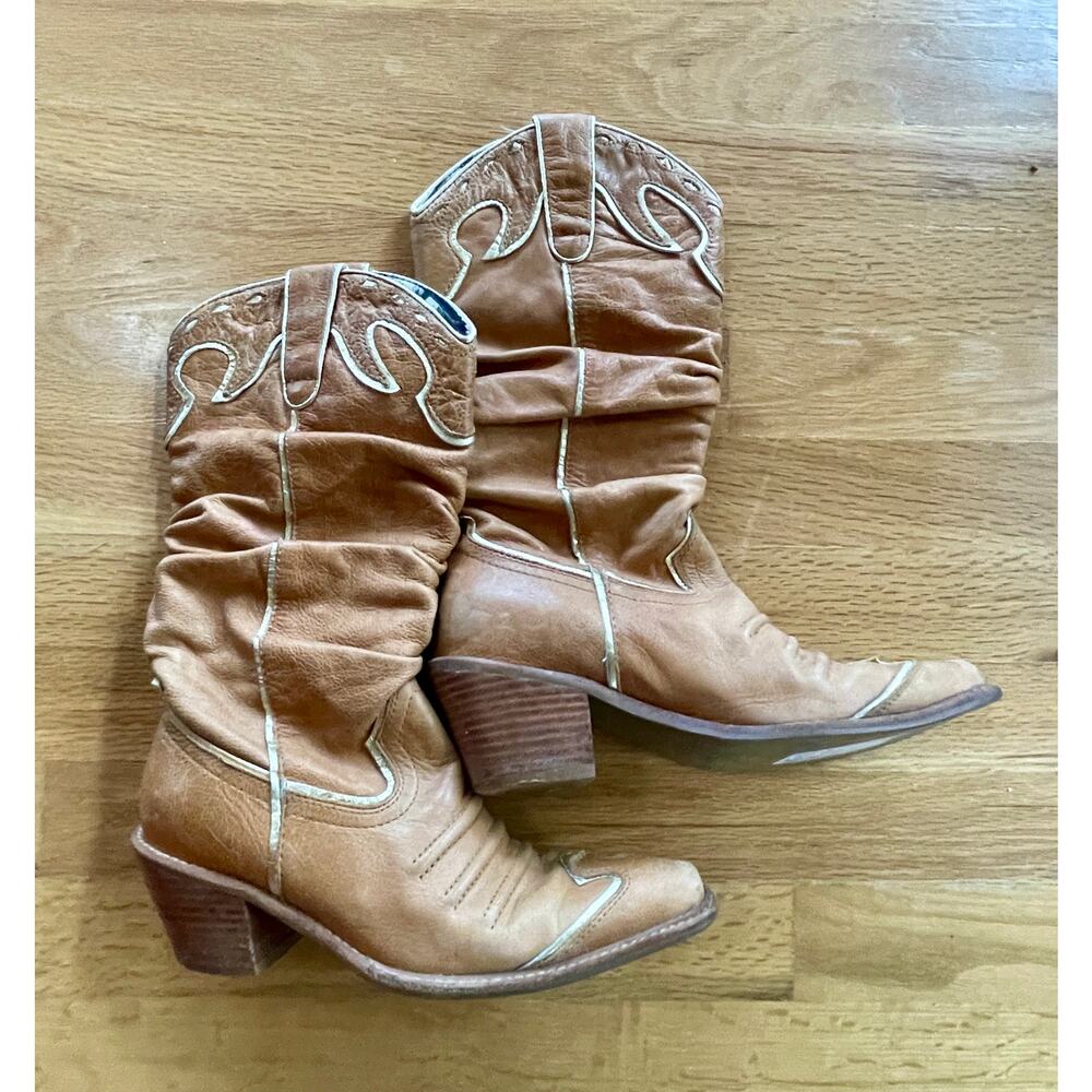Naona Nana Brown gold Leather sz 6 mid calf boot 2.5" Heel Cowgirl western - Picture 3 of 12